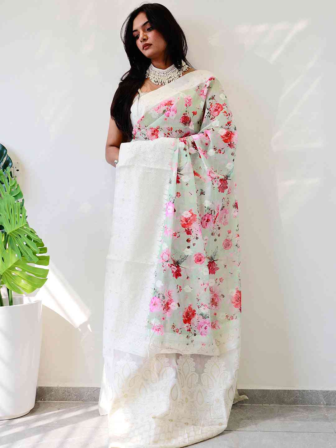 Multi Colour Digital Print Bollywood Saree in Lakhnavi Slub Pattern by My Store