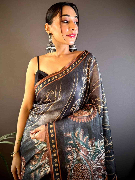 Grey Chanderi Bandhej Digital Print Saree by My Store