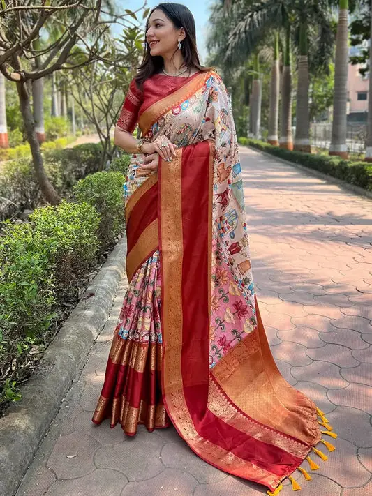 Beige Colour Double Border Chex Weaving Banarasi Soft Silk Saree