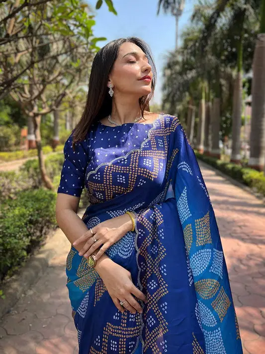 Blue Georgette Silk Saree with Ombre Bandhej Print & Swaroski Stone Work