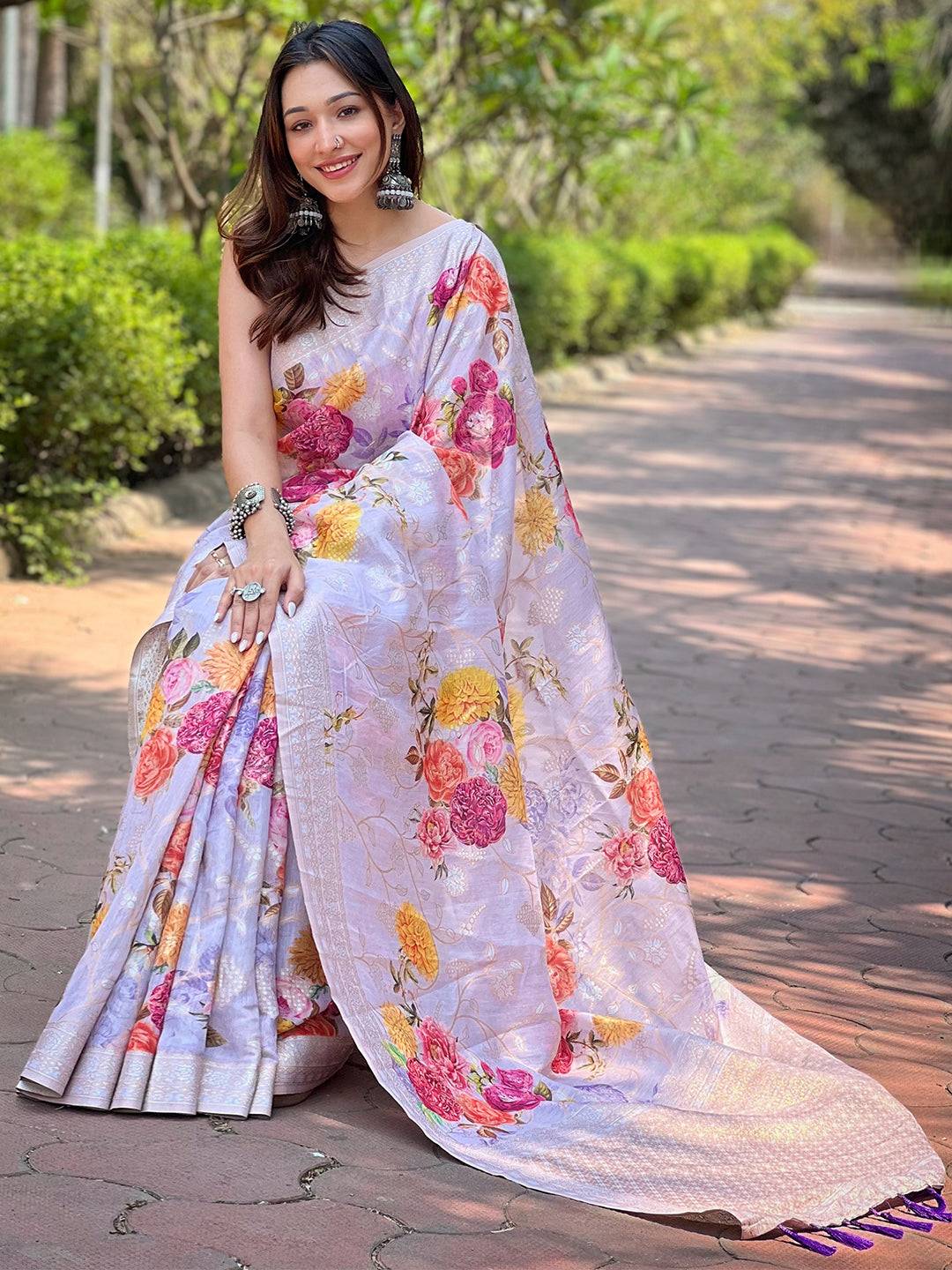 Lavender Lakhnavi Bandla Zari Weaving Saree by My Store