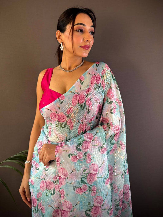 Sky Blue Soft Tebi Silk Sequin Work Saree by My Store