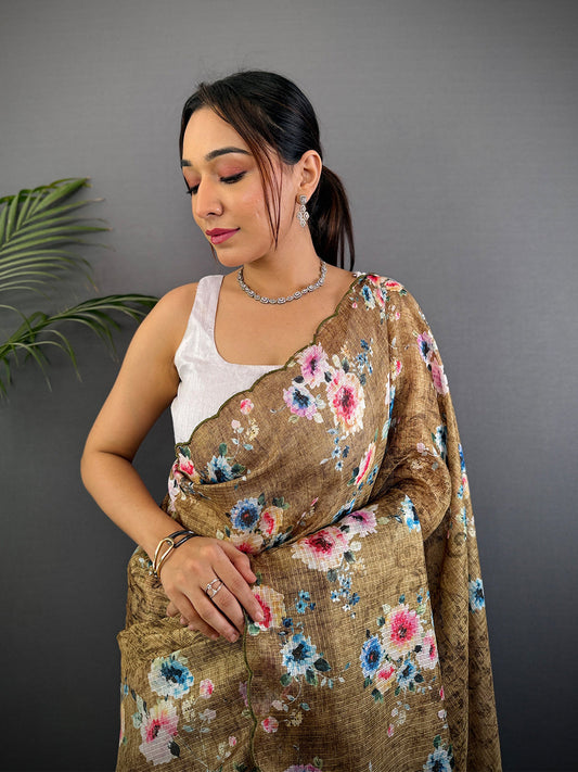 Brown Floral Cut Work Kota Saree by My Store
