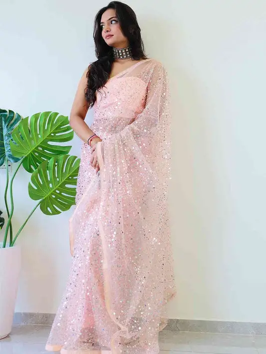 Beautiful Net Saree With Sequins Embroidery Work