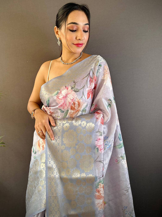 Grey Kota Doriya Zari Floral Kanchi Border Saree by My Store