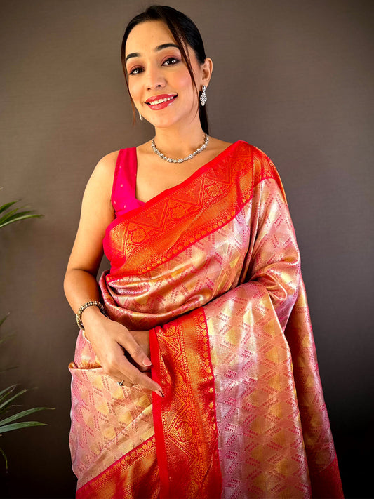 Pink Golden Geometrics With Floral Elegance Saree by My Store