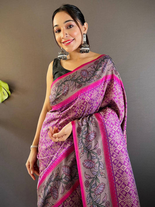 Deep Pink Patola And Kalamkari Fusion Saree by My Store