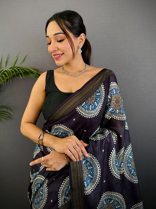 Dark Purple Linen Ajarak Print Saree by My Store