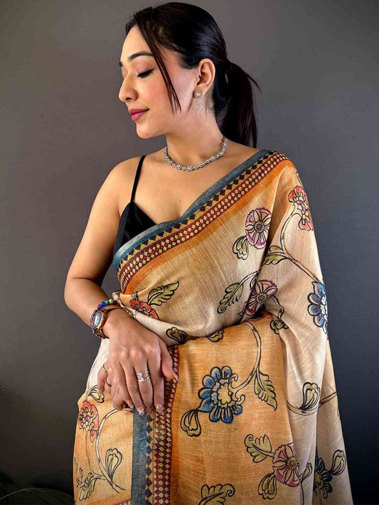 Radiant Orange Zari Tussar Floral Saree by My Store