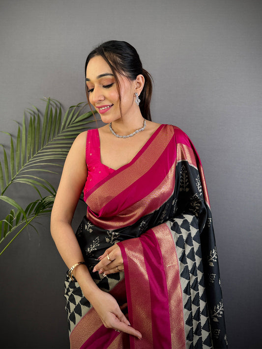 Radiant Black Soft Silk Ikkat Saree by My Store