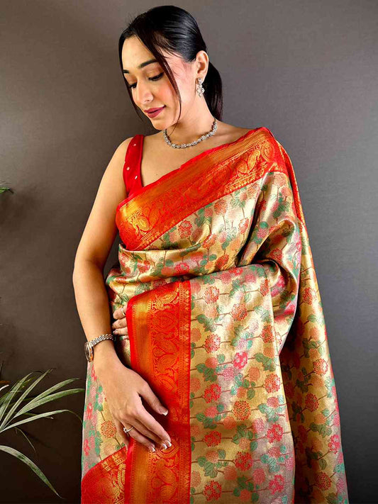 Radiant Red Floral Dharmavaram Silk Saree by My Store