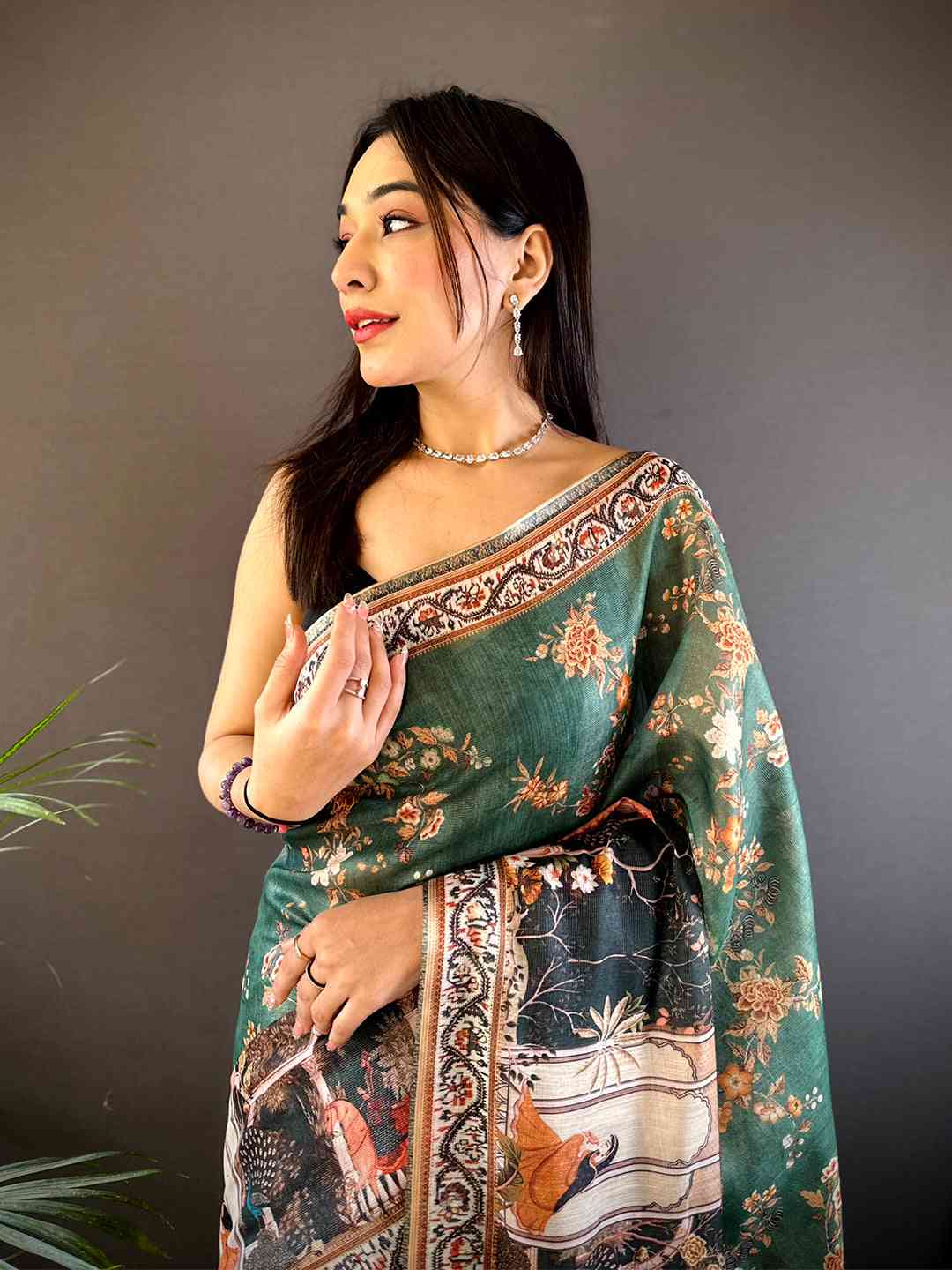Bottle Green Tissue Chanderi Kalamkari Handprint Saree by My Store