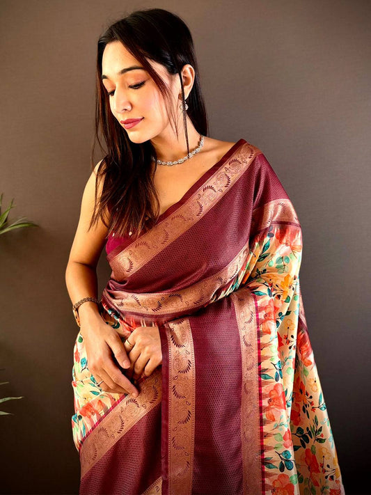 Rich Maroon Banarasi Soft Silk Saree by My Store
