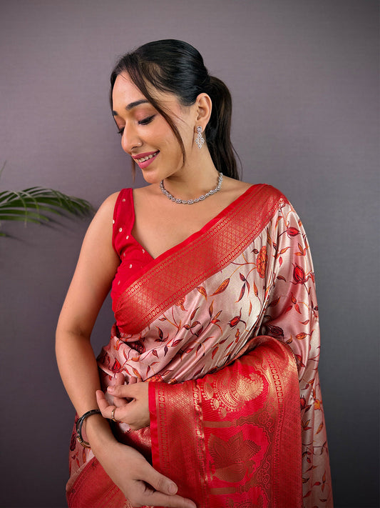 Elegant Soft Cherry Satin Kalamkari Print Saree by My Store