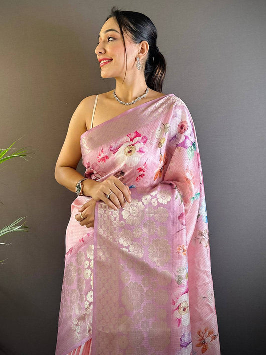 Rose Pink Kota Doriya Zari Floral Kanchi Border Saree by My Store
