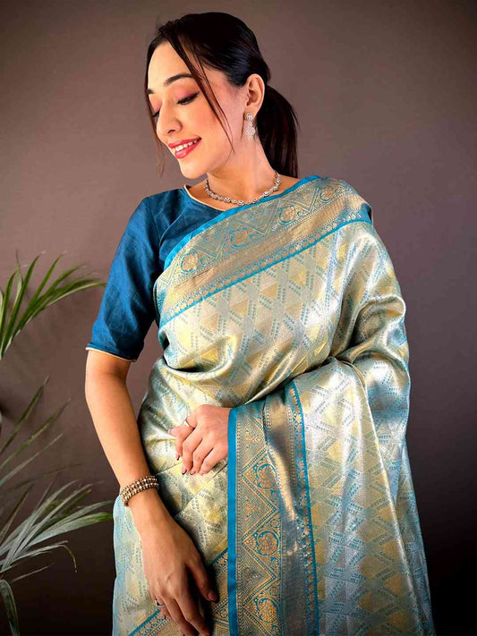Rama Golden Geometrics With Floral Elegance Saree by My Store