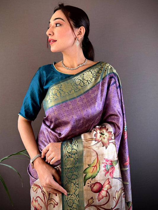 Purple Ombre Floral Digital Print Saree by My Store