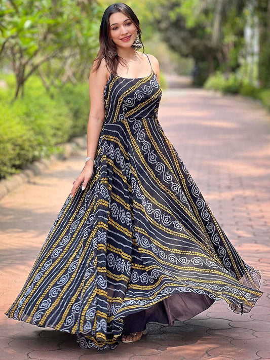 Raven Black Printed Bandhej Dress by My Store