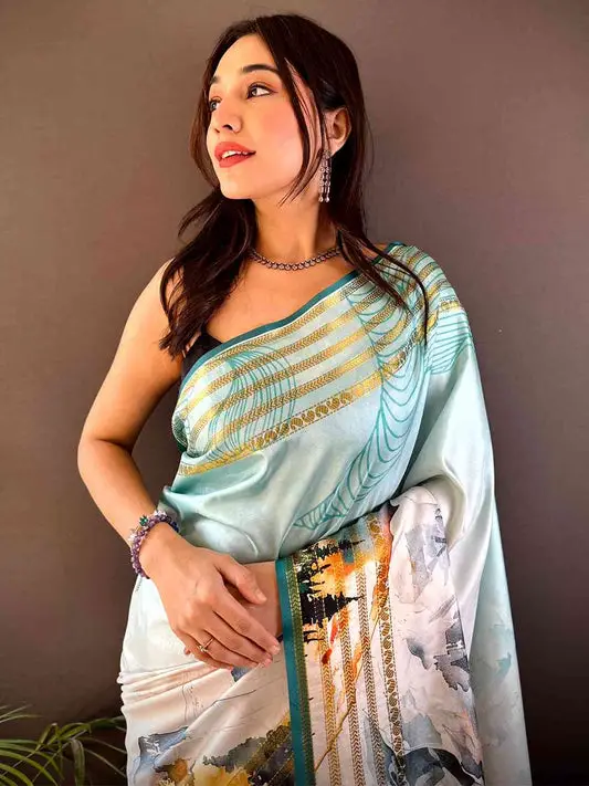 Turquiose Japanese Freehand Digital Print Saree