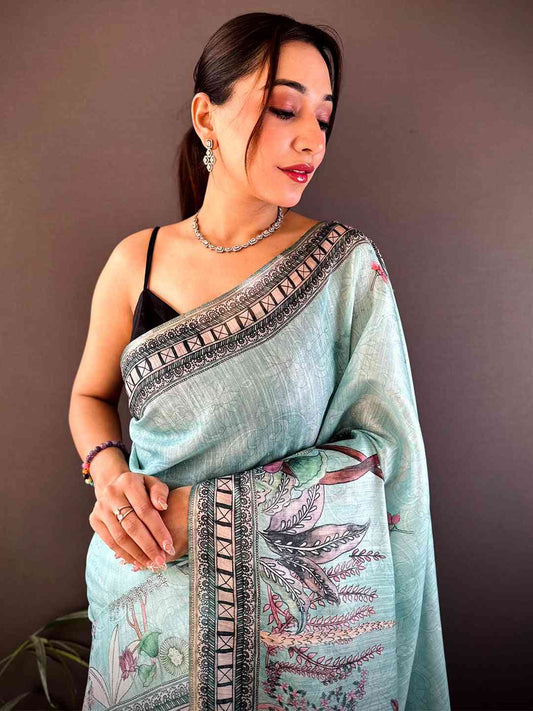 Sky Blue Tissue Floral Leaf Print Saree by My Store