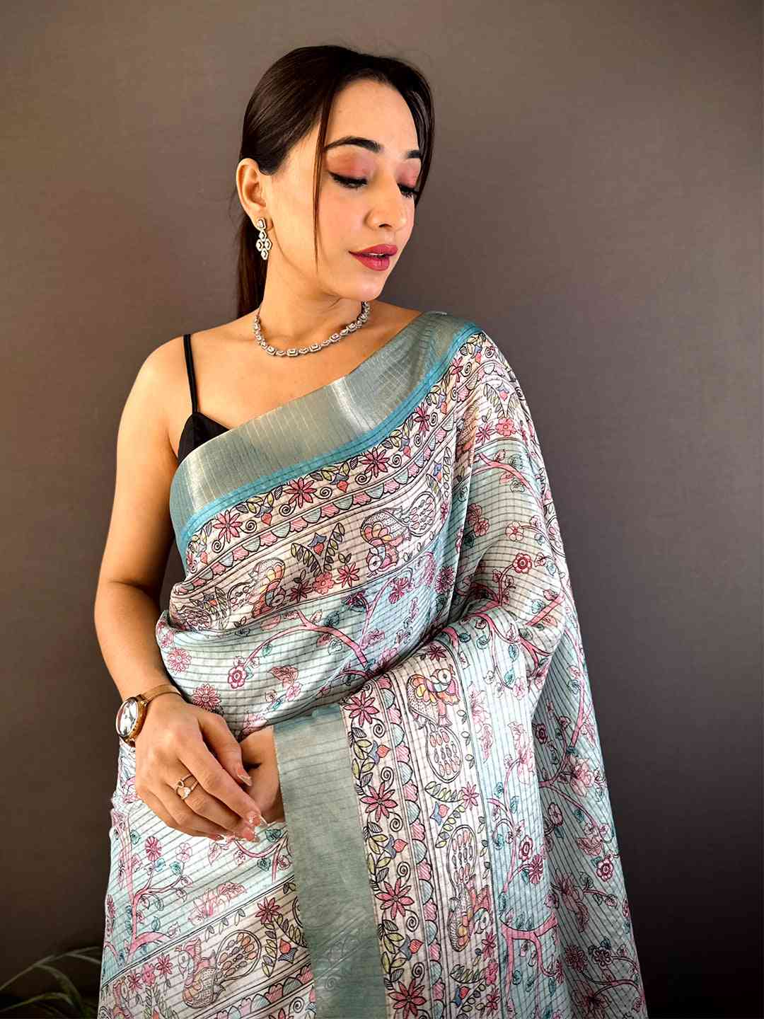 Mint Green Chanderi Madhubani Black Chex Saree by My Store