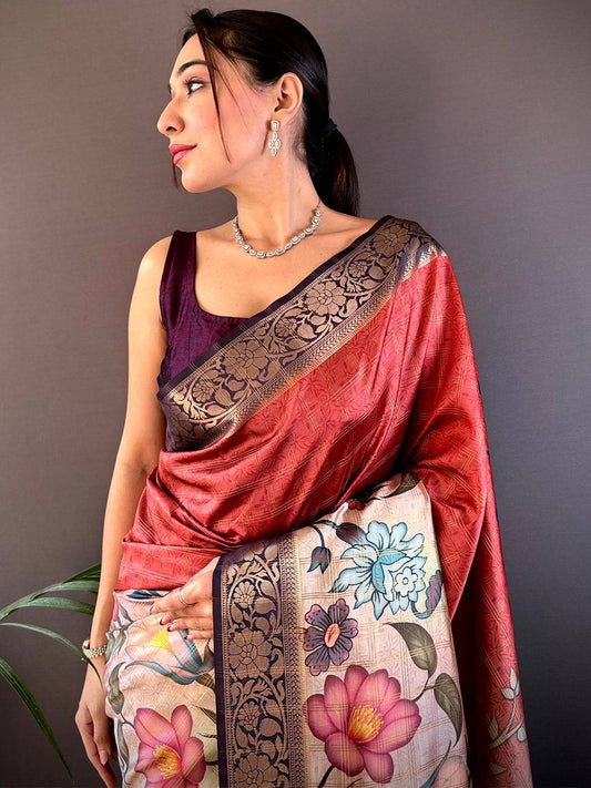 Red Ombre Floral Digital Print Saree by My Store