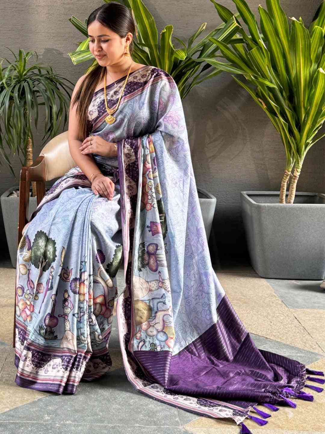 Lavender Colour Satin Kota Doria Digital Kalamkari Zari Pallu by My Store