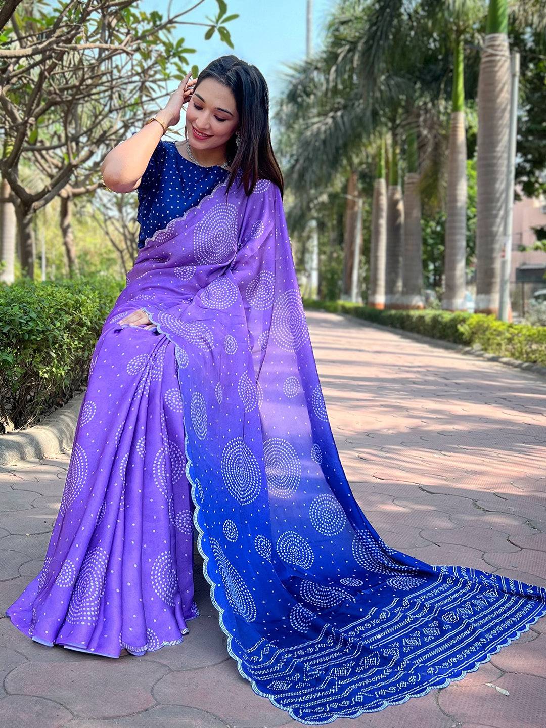 Lavender Georgette Silk Saree with Ombre Bandhej Print & Swaroski Stone Work by My Store