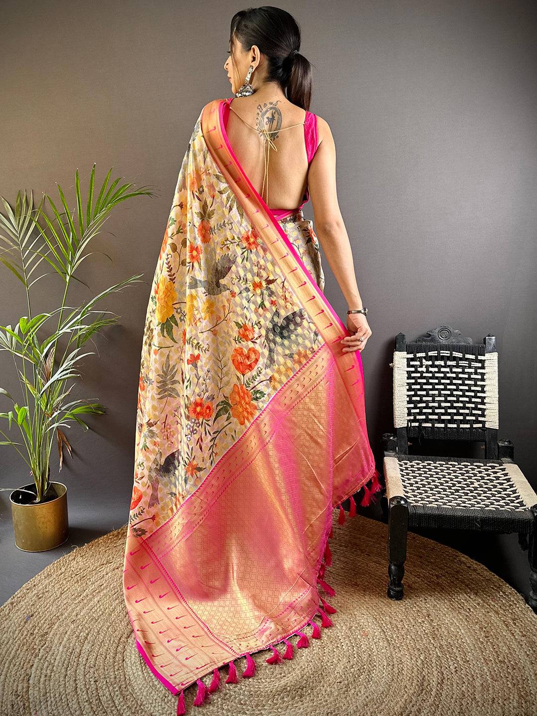 Ivory Floral Paithani Kora Silk Saree by My Store