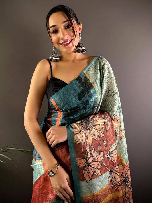 Teal Semi Gold Zari Tussar Saree