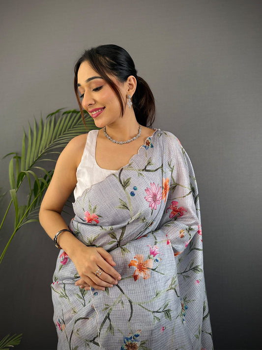 Grey Soft Kota Floral Print Saree by My Store