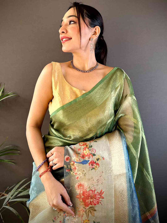 Dark Green Ombre Zari Tissue Digital Print Saree by My Store