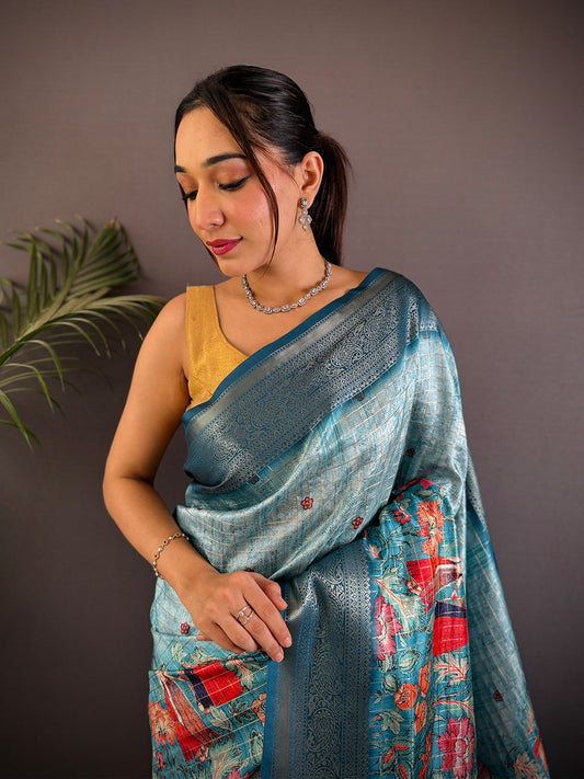 Denim Blue Banarasi Silk Digital Printed Saree by My Store