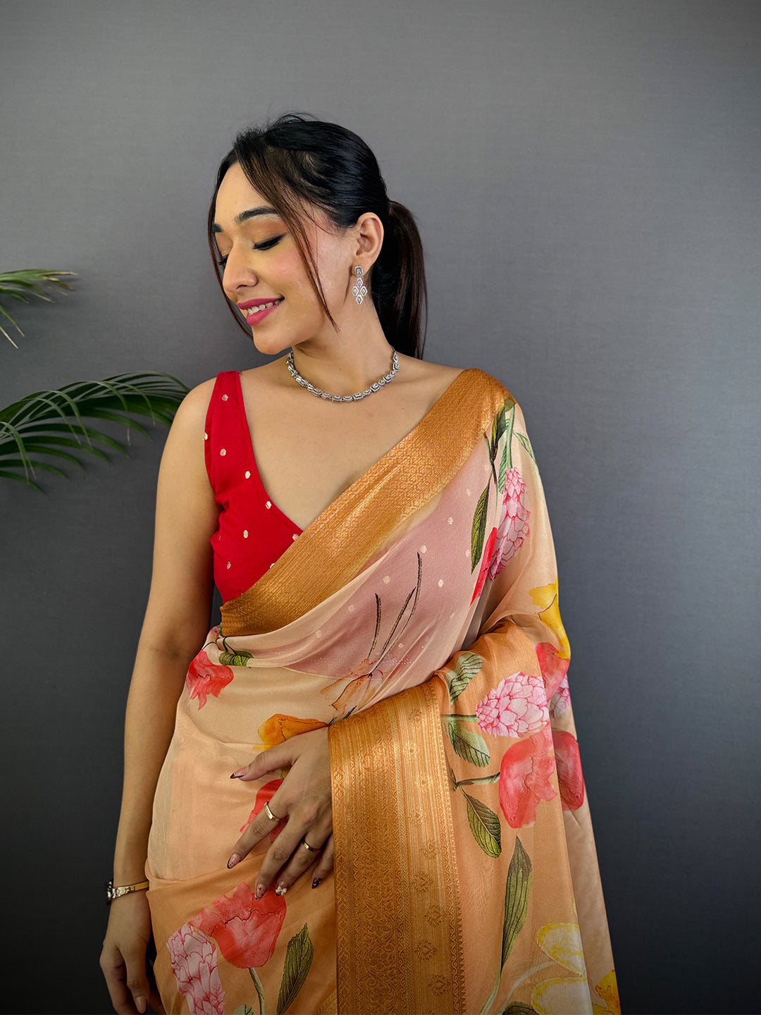 Orange Soft Organza Digital Print Saree by My Store