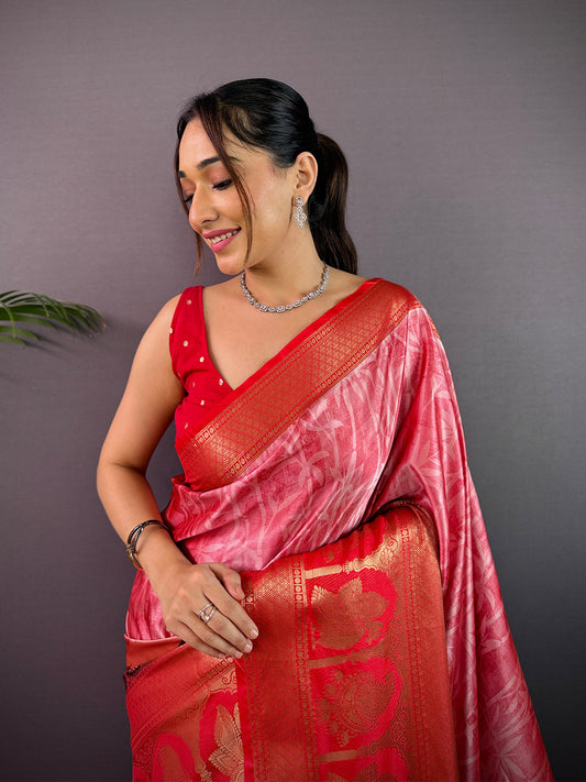 Radiance Soft Cherry Satin Kalamkari Print Saree by My Store