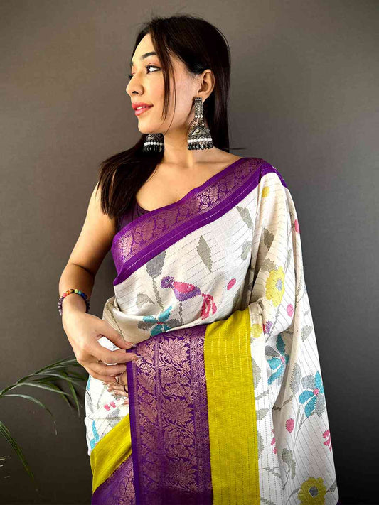 Purple Dola Silk Bird Print Saree by My Store