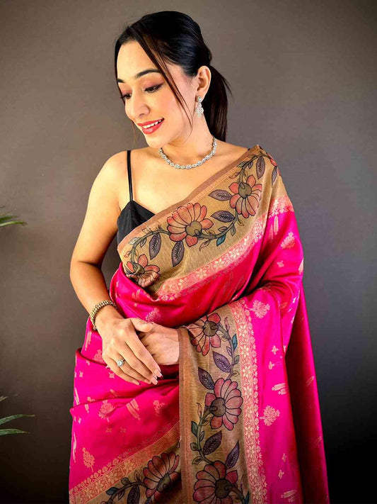 Pink Soft Silk Kalamkari Printed Pallu Saree by My Store