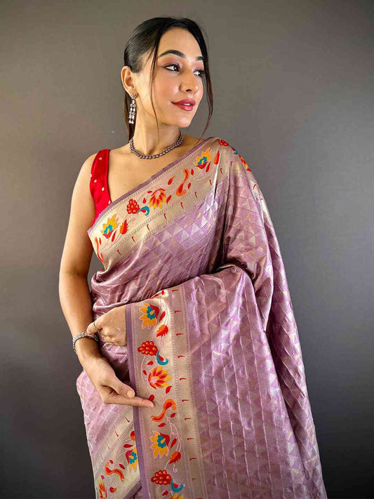 Light Wine Silk Blend Woven Zari Work Paithani Saree by My Store