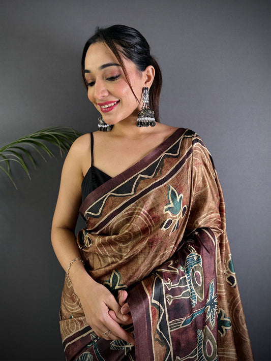 Brown Soft Dola Silk Printed Saree by My Store