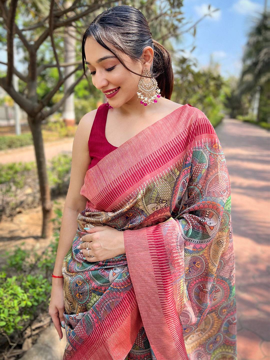 Beautiful Slub Tussar Silk Madhubani Kalamkari Block Print Saree