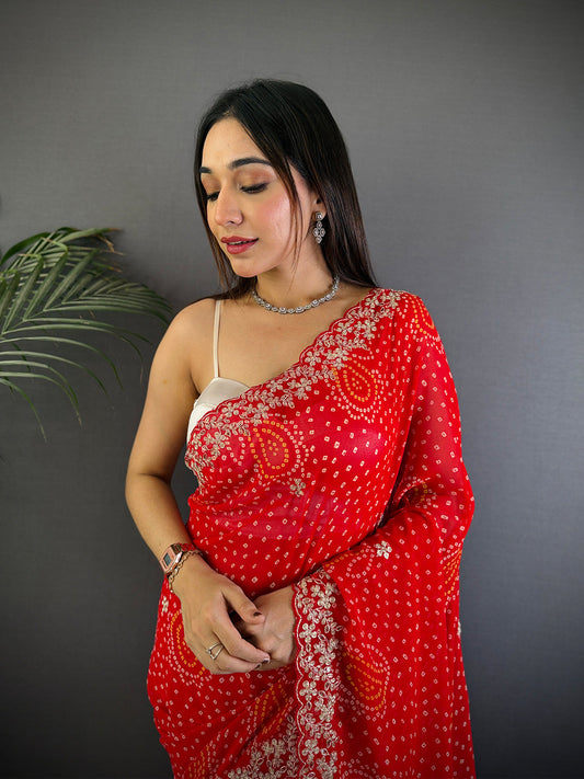 Red Soft Georgette Bandhej Print Saree by My Store