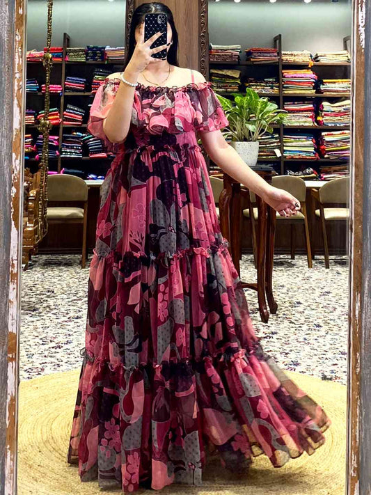 Brown Georgette Abstract Dress by My Store