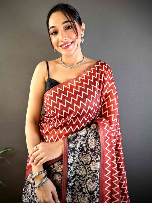 Red Chanderi Phulkari Zig-Zag Print Saree by My Store