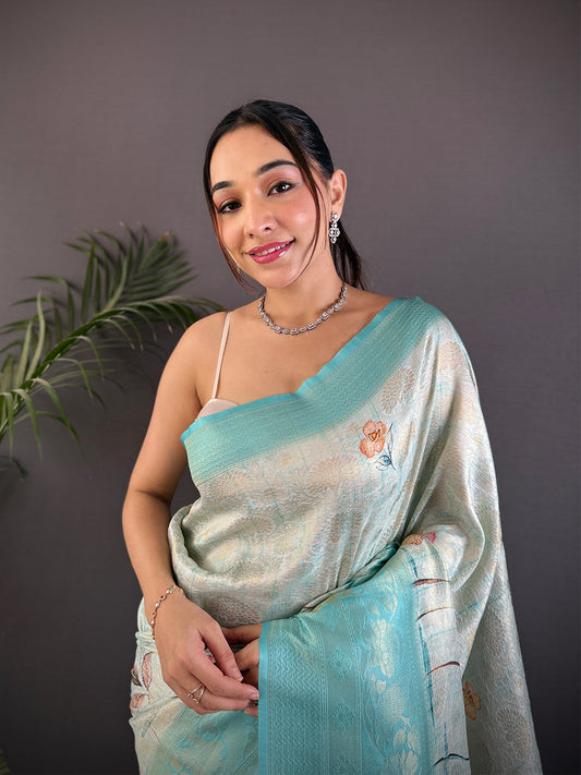 Sky Blue Kanjivaram Silk Digital Print Saree by My Store