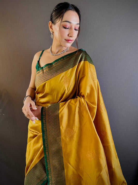 Elegant Yellow Silk Saree With Gold Zari Motifs by My Store