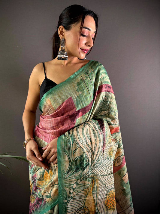 Steel Blue Tussar Silk Lush Botanical Prints Saree by My Store