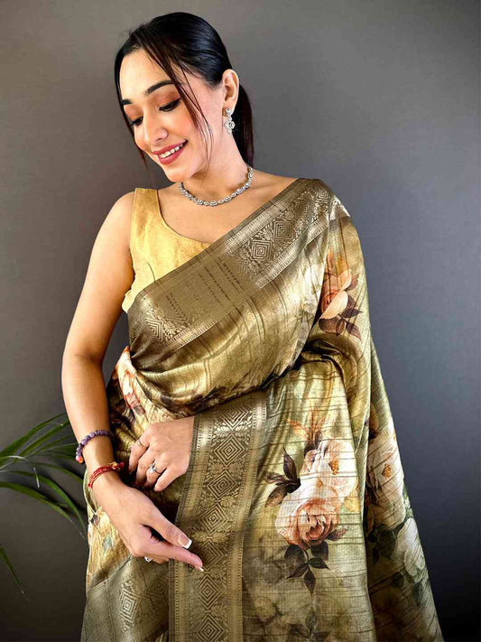 Green Ghicha Weave Floral Saree by My Store
