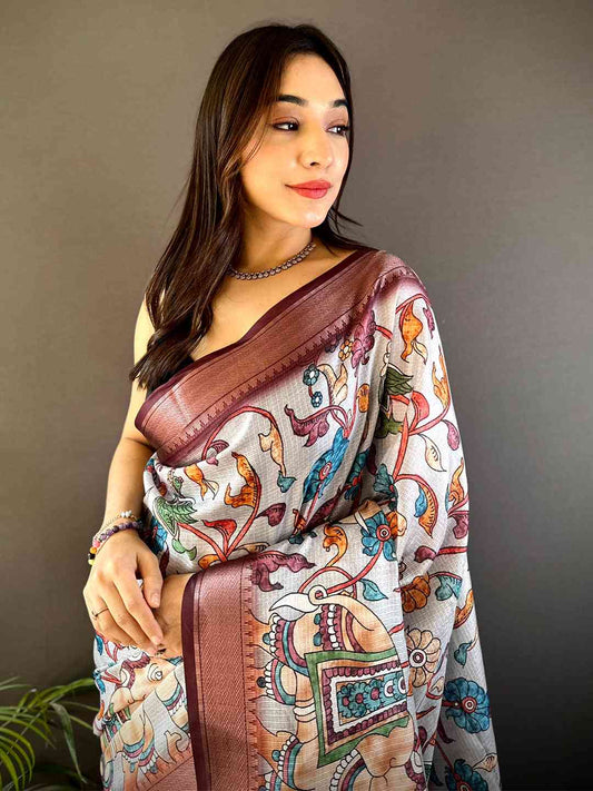 Grey Kota Doriya Floral Kalamkari Print Saree by My Store