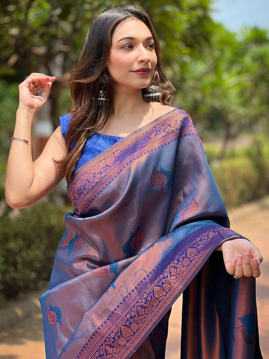 Navy Kanjivaram Tissue Saree With Gold Zari Weaving by My Store