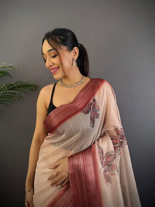 Beige Soft Organza Digital Print Saree